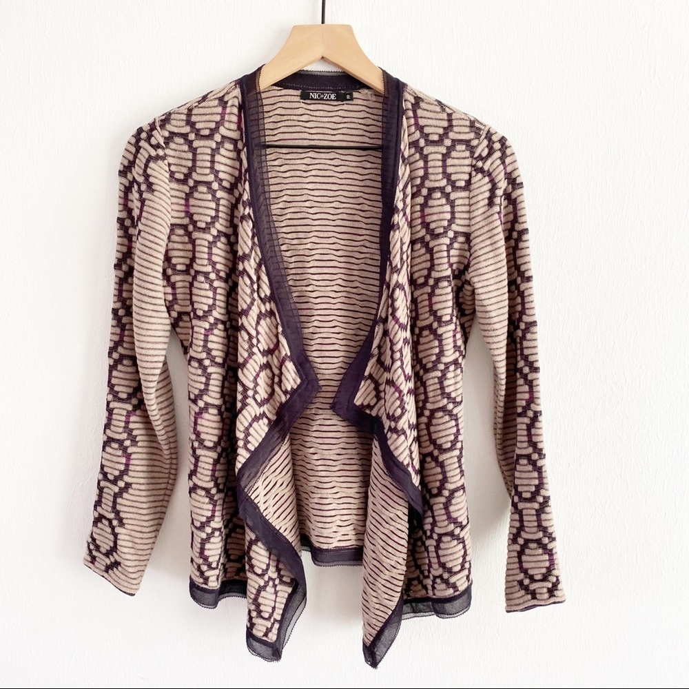 Nic + Zoe Tan Purple Textured Waterfall Open Front Cardigan EUC X-Small Petite
